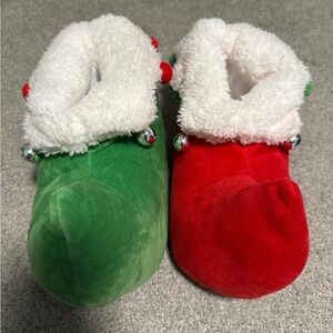 Festive Green and Red Plush Kids Slippers